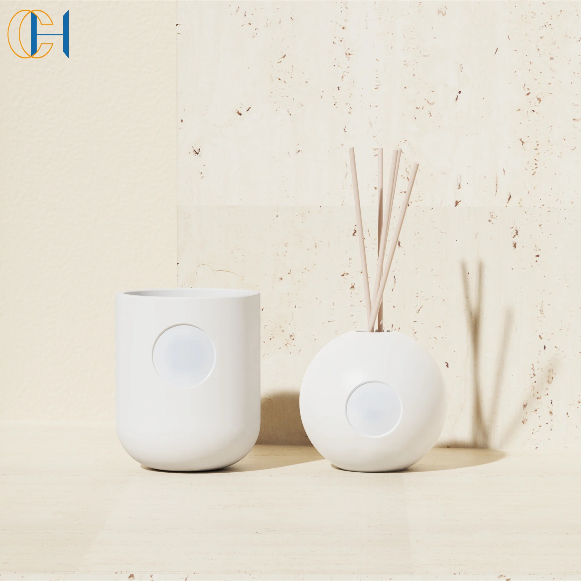 C&H Luxury High End Natural Clay Candle Holder Natural Gift Set Ceramic Jar Reed Diffuser and Soy Wax Candle