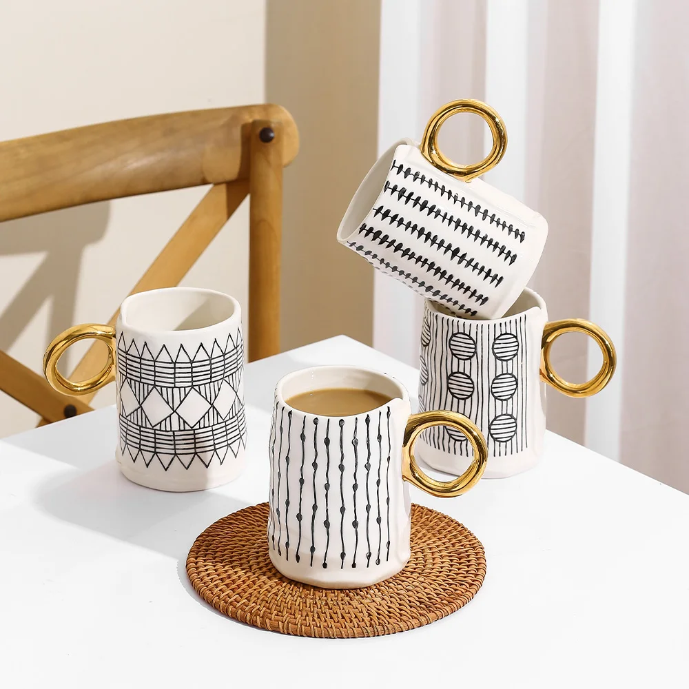 20 oz Tazza Wholesale Luxury Nordic Style Porcelain Custom Latte Ceramic Coffee Mugs Cups with Gold Handle