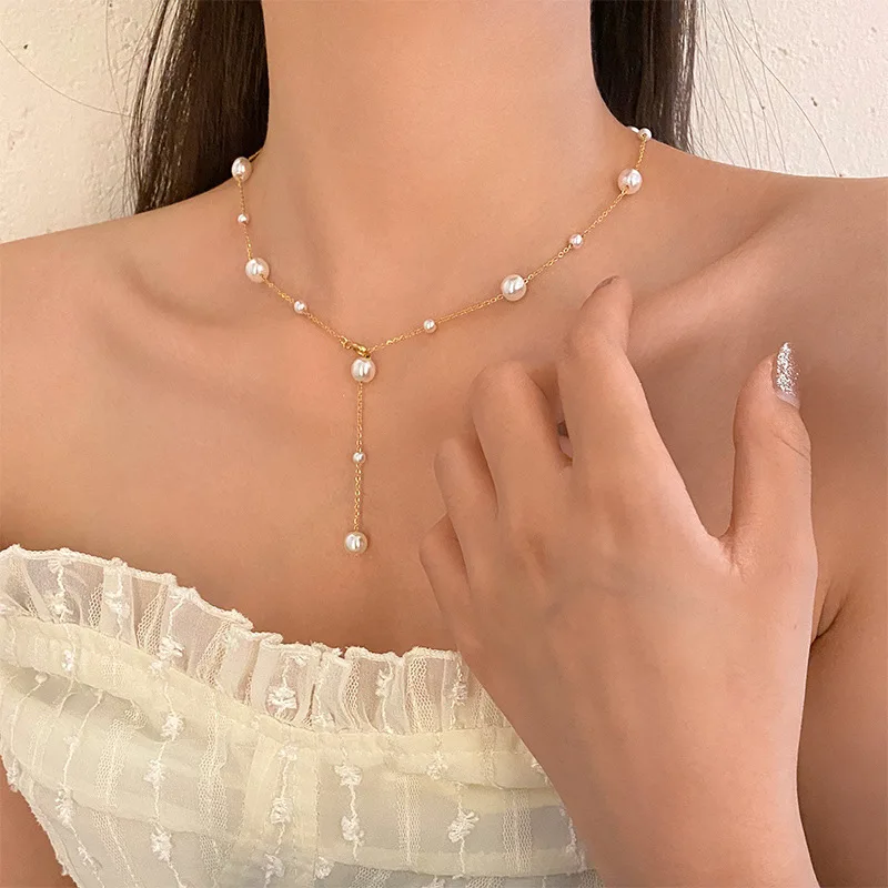 Simple fresh titanium steel full star pearl necklace fringe elegant collarbone chain personality choker women