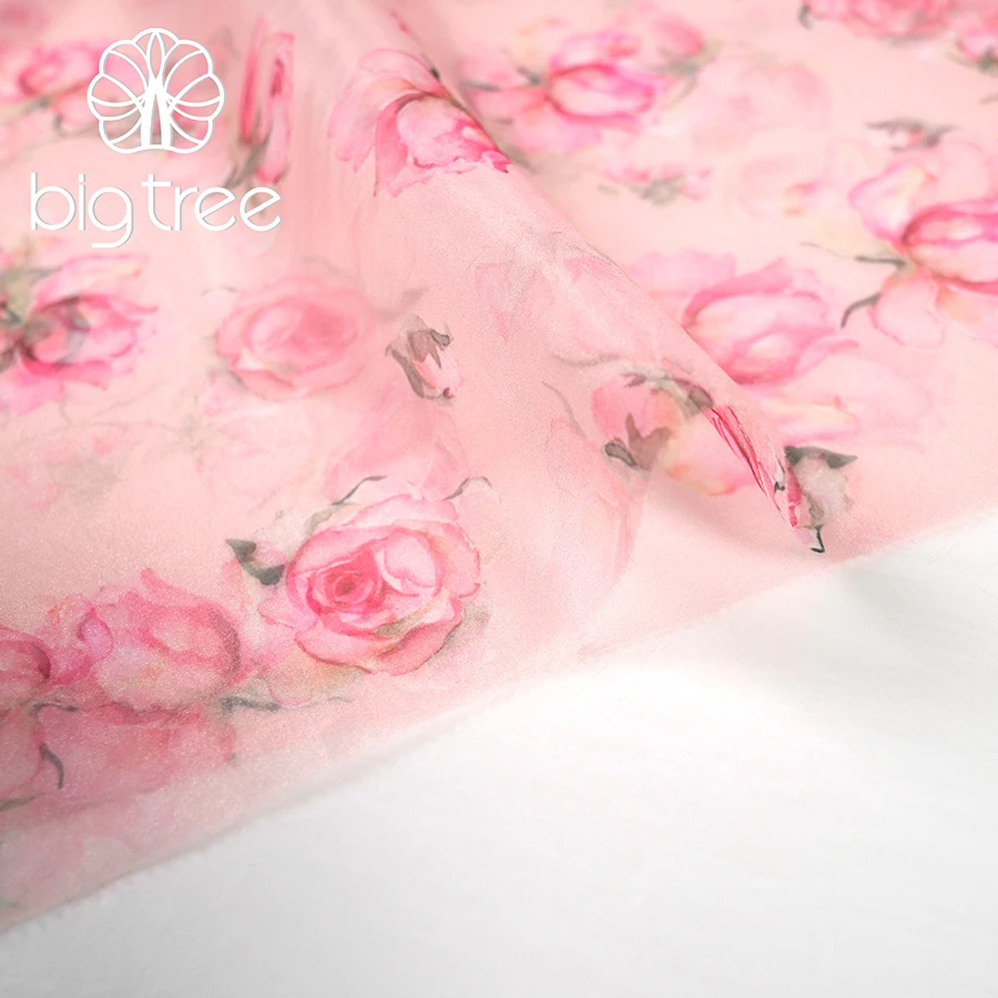 Hot Sale Dubai Super Light Rose Flower Printed Crepe Sheer Sparkle Organza Satin Tulle 100% Polyester Fabric for Dress Shirt