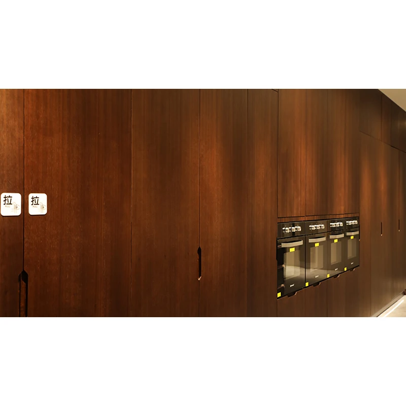 George Walnut wood grain cabinet with waterfall marble bar counter kitchen