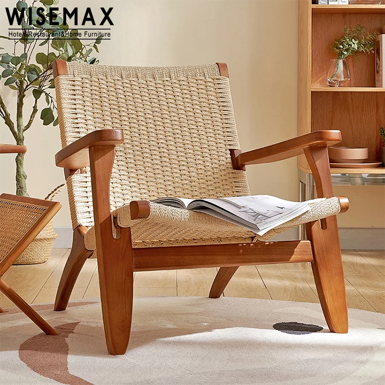 WISEMAX FURNITURE Nordic style wooden and rattan woven lounge chair armrest leisure chair for living room chair
