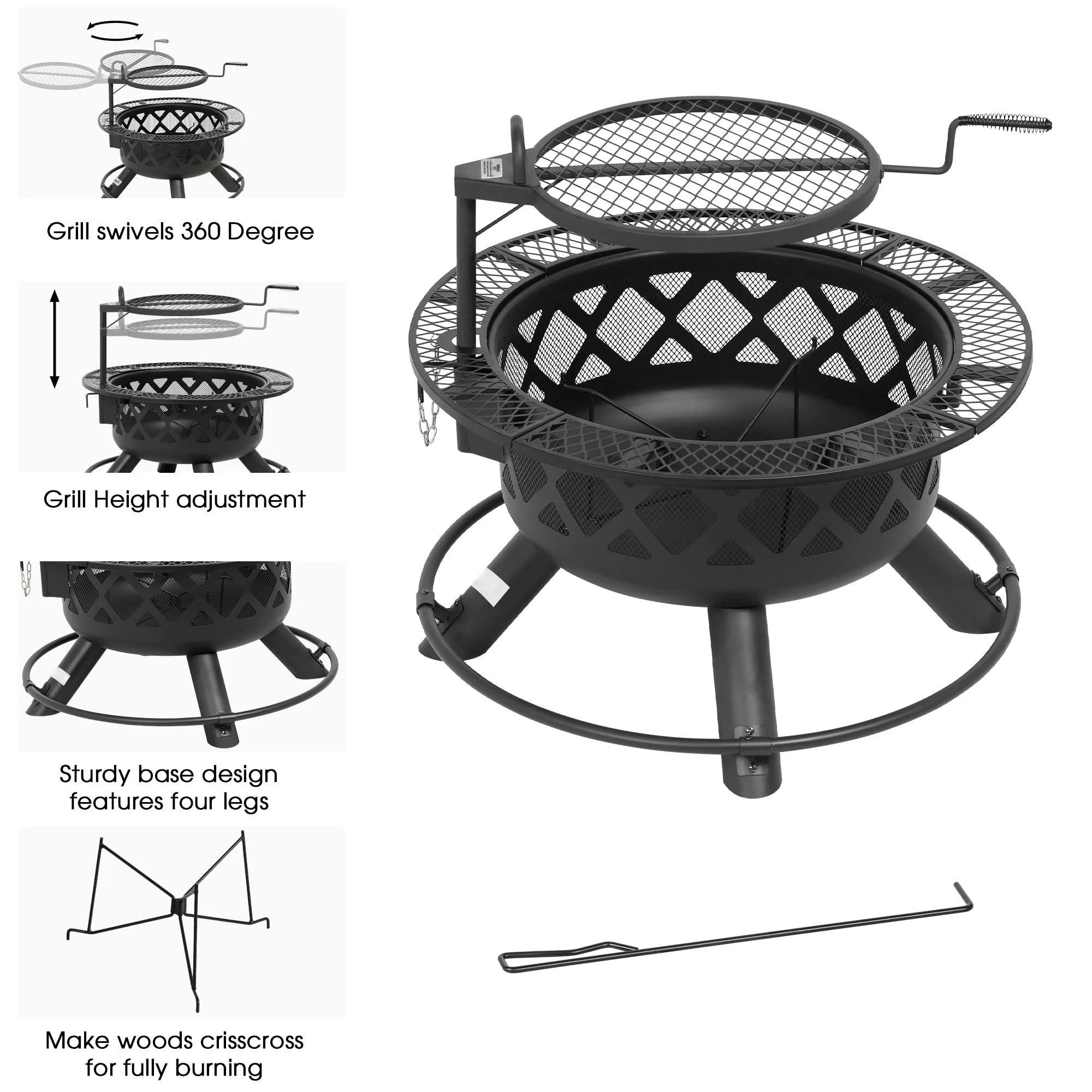 AJUNION Outdoor Wood Burning Fire Pit Removable Cooking Grill Fire Pit Portable Camping Fire Pit