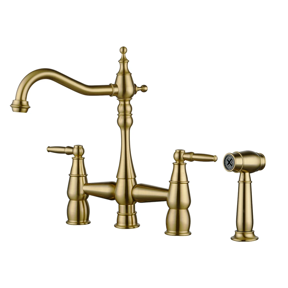 Luxury Antique Brass Lead-Free Dual Handle Bridge Kitchen Sink Faucet with Sprayer,Bridge Faucet for Kitchen Sink
