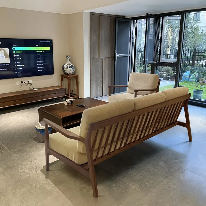 North America Brown Walnut Japanese Style Living Room Furniture Modern Solid Walnut Wooden Sofa
