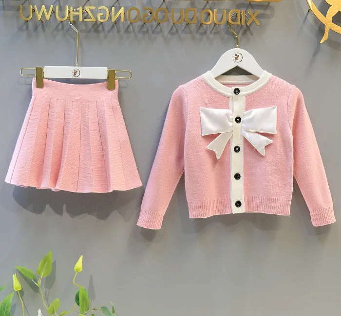 New Style Kids Children Winter Clothing Set Knitting Cardigan Skirt  Baby Girl Winter Cardigan Sweater With Bow
