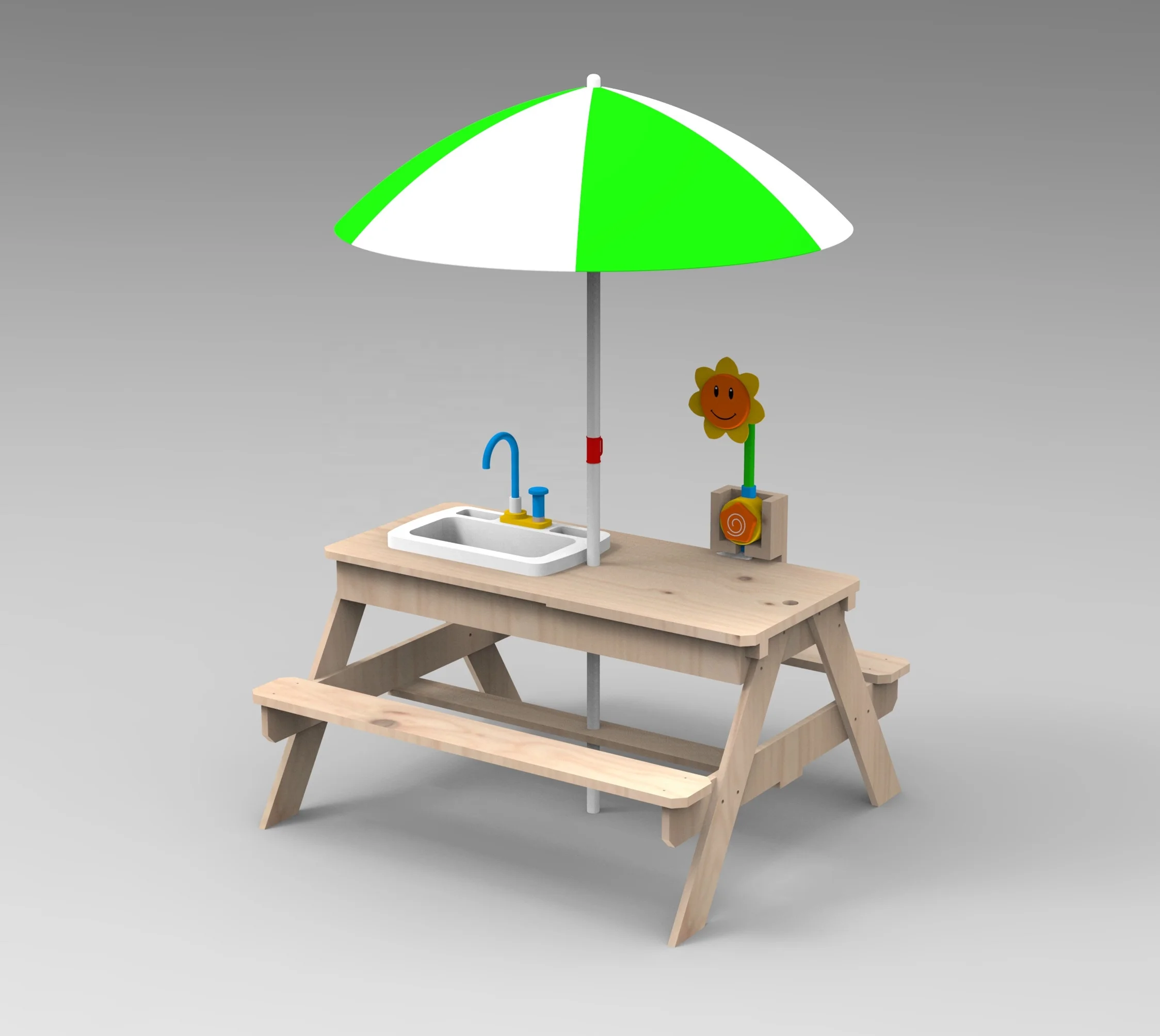Outdoor Wooden Kids Picnic Table with Water Tap and Umbrella Solid Wood Partial KD 980x885x508mm 1030x450x180mm