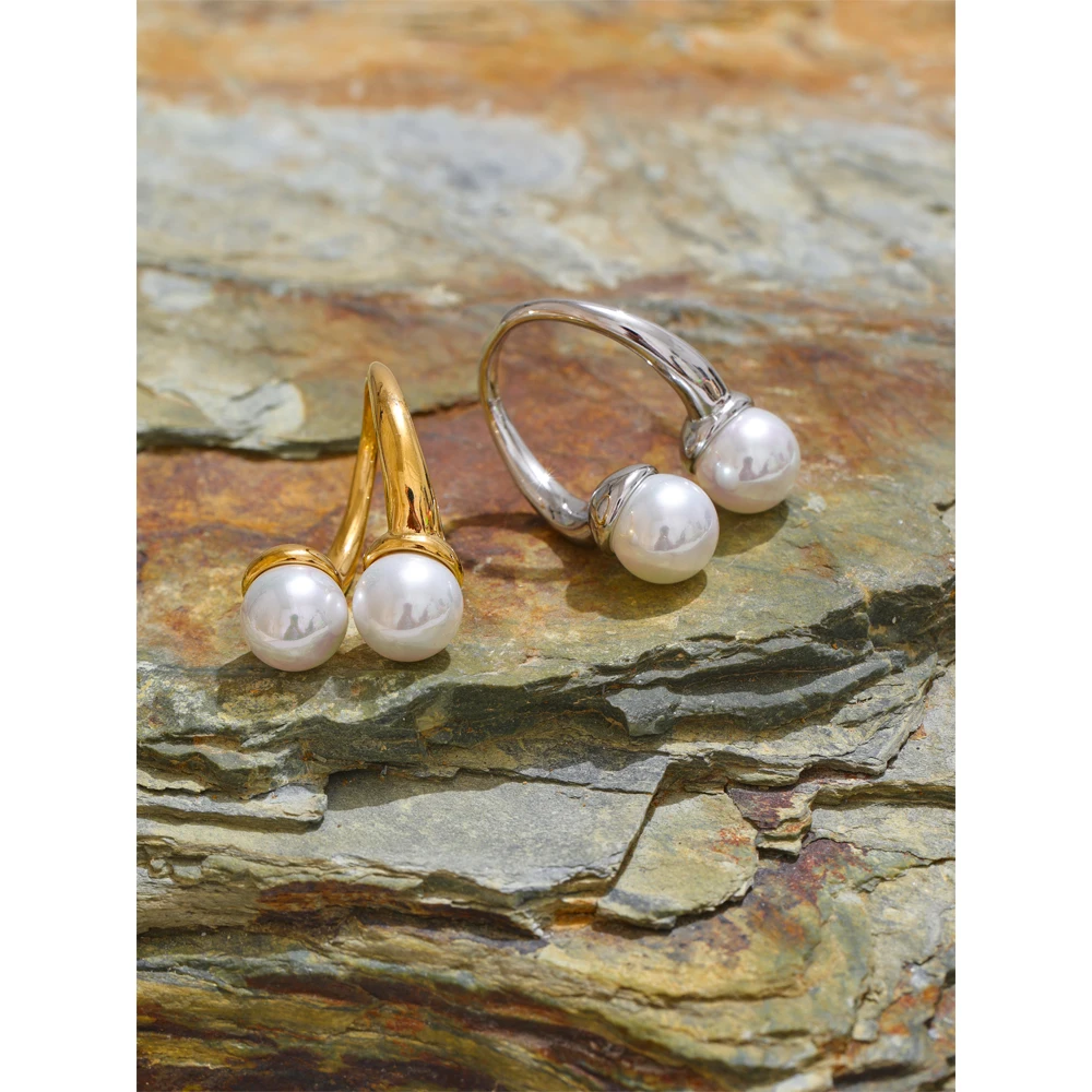 JINYOU 4483 New Arrival Double Simulated Pearls Open Ring Exquisite Stainless Steel Open Adjustable Ring for Women Jewelry Gift