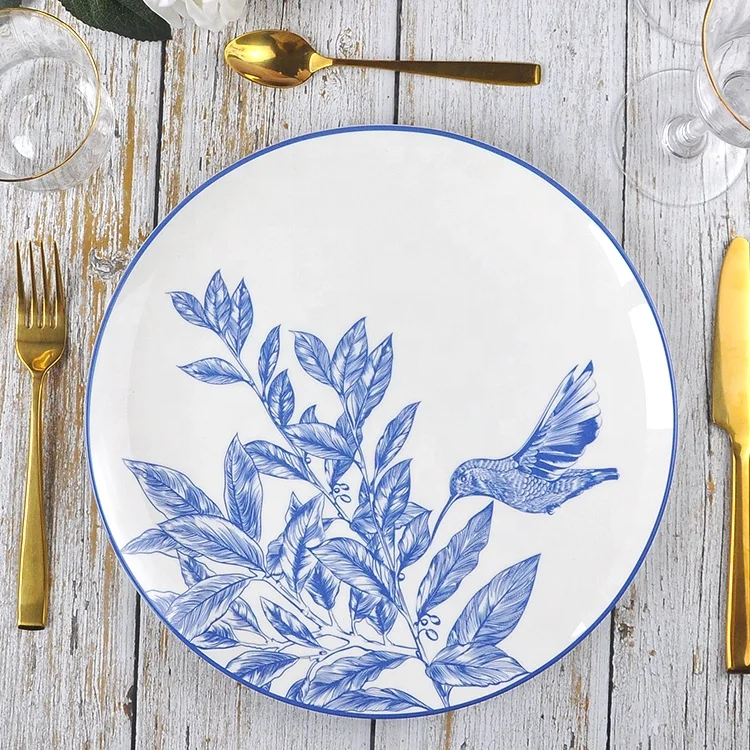 Custom Printed Blue Bone China Dinner and Dessert Plate Set Contemporary Hotel Porcelain Bread and Dish Set for Gifting