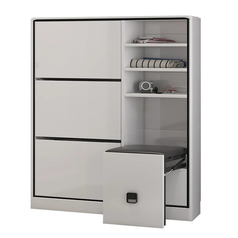Modern simple black and white 6 door wooden storage cabinet with stool shoe rack