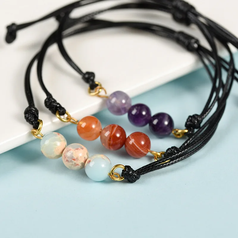 Men Women colorful gemstone Knotted wax cord Bracelets .jpg