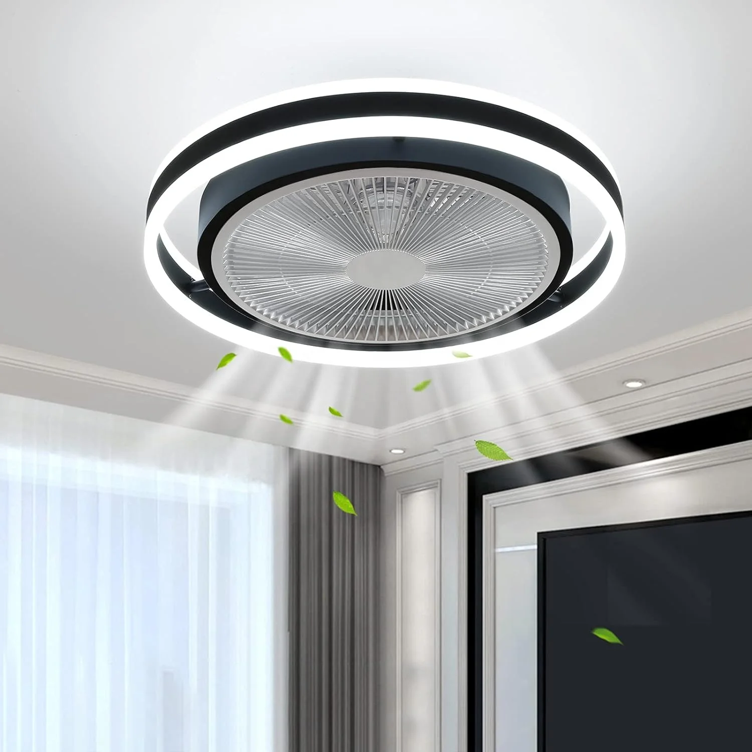 New Design Modern Ceiling Fans with Lights Remote Control,Bladeless Low Profile Enclosed LED 3 Colors Dimming 3 Speed Fan Light