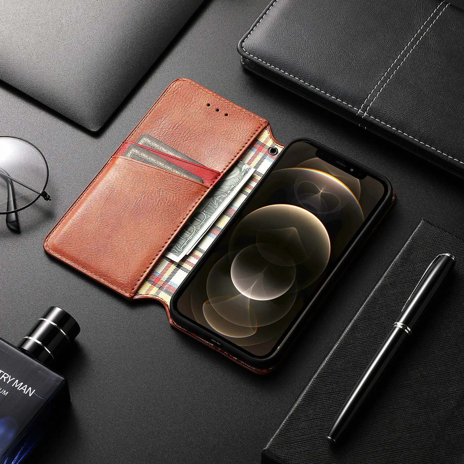 Smooth PU Leather Cell Phone Case Waterproof Phone Case Magnetic Card Stand Wallet Flip Mobile Phone Cover