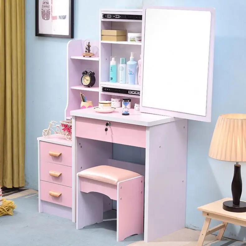 Home Furniture Women New Model Elegant Pink Rectangle Mirror Dresser Table For Bedroom With Low Stool