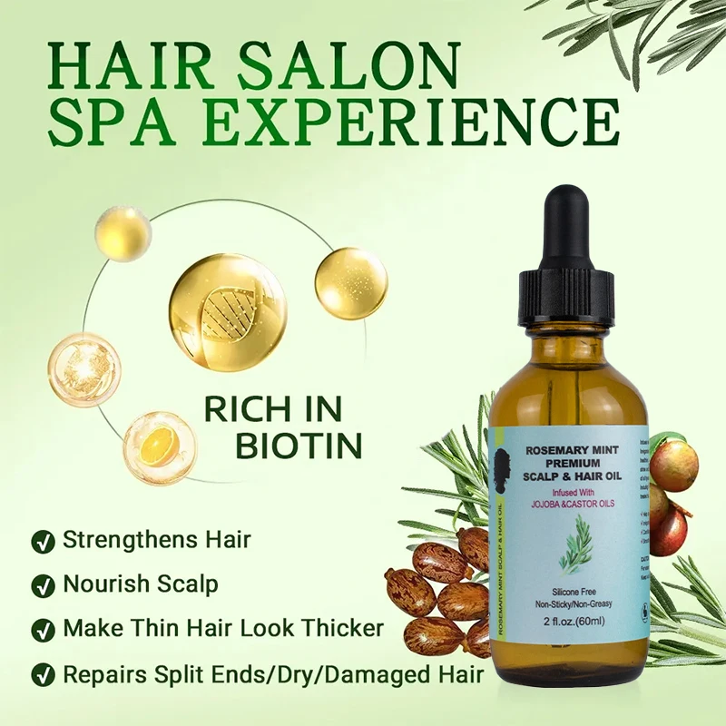 Wholesale 60ml natural hair care product nourishes split ends rosemary mint premium scalp&hair oil