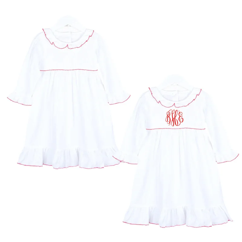 Long sleeve Cotton Kids Girl White Nightgown With Red Picot Trim Customized Monogram Ruffle Collar Little Girls Sleepwear