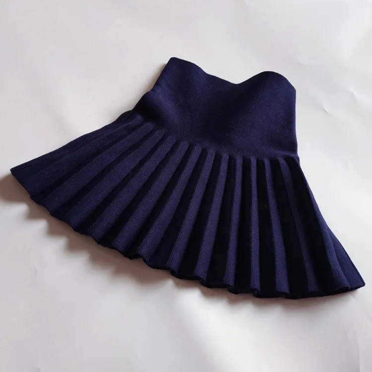 2024 Spring Autumn Children Girl High Waist Solid Knitted Pleated Skirt 4-9 Years