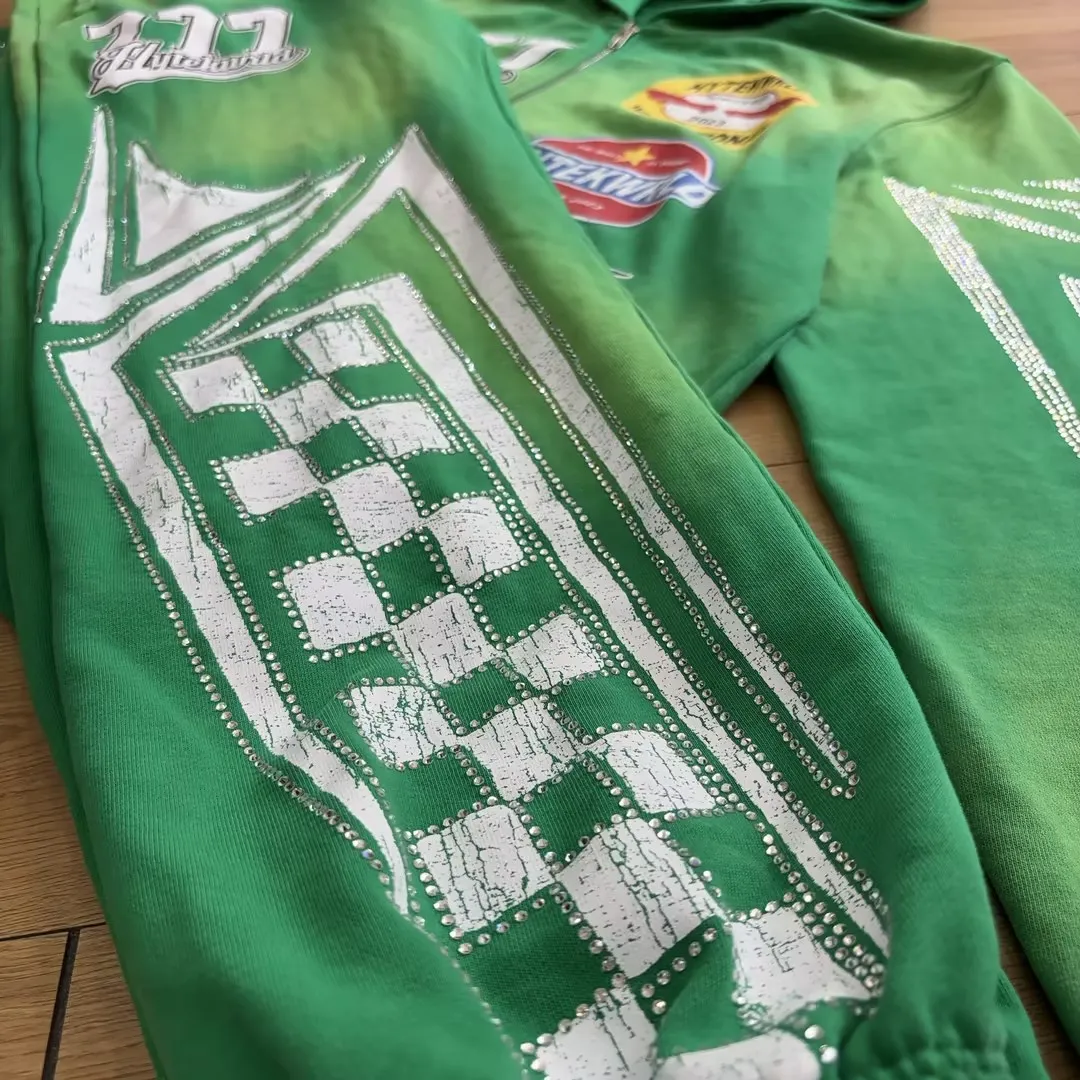 Streetwear Tracksuit Manufacturer French Terry Sweatsuit Custom Sweatpants And Hoodie Set Acid Wash Rhinestone Tracksuit For Men