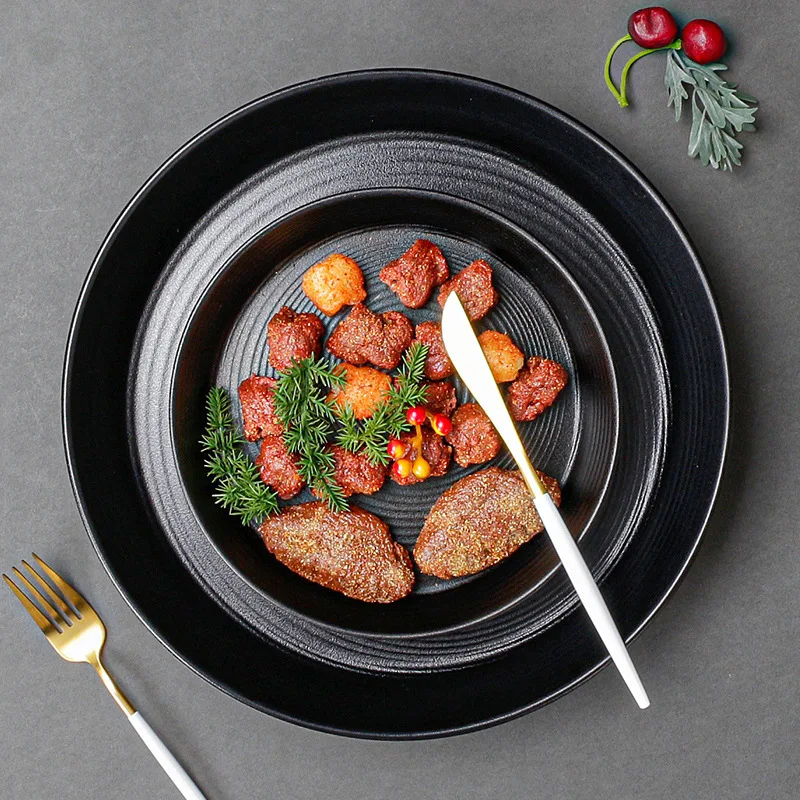 Wholesale Round Steak Dinner Dish 10 Inch Japanese Restaurant Melamine Plastic Black Pizza Deep Dish Dinner Plates