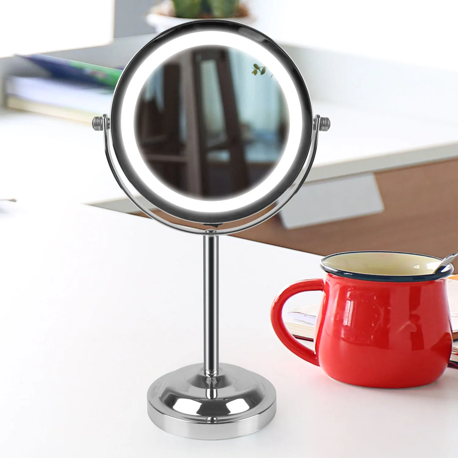 2022 Amazon Hot Saleling 360 Degree Rotation LED Makeup Mirror Double Sided Round 3X Magnification LED Lighted Mirror