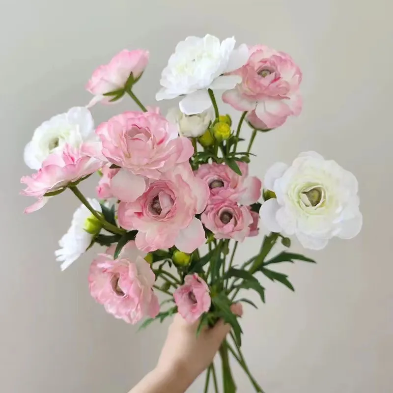 High Simulation 2 Head Ranunculus Artificial Flower Flocking Dew Lotus Fake Peony Silk Flower Decoration Western Peony
