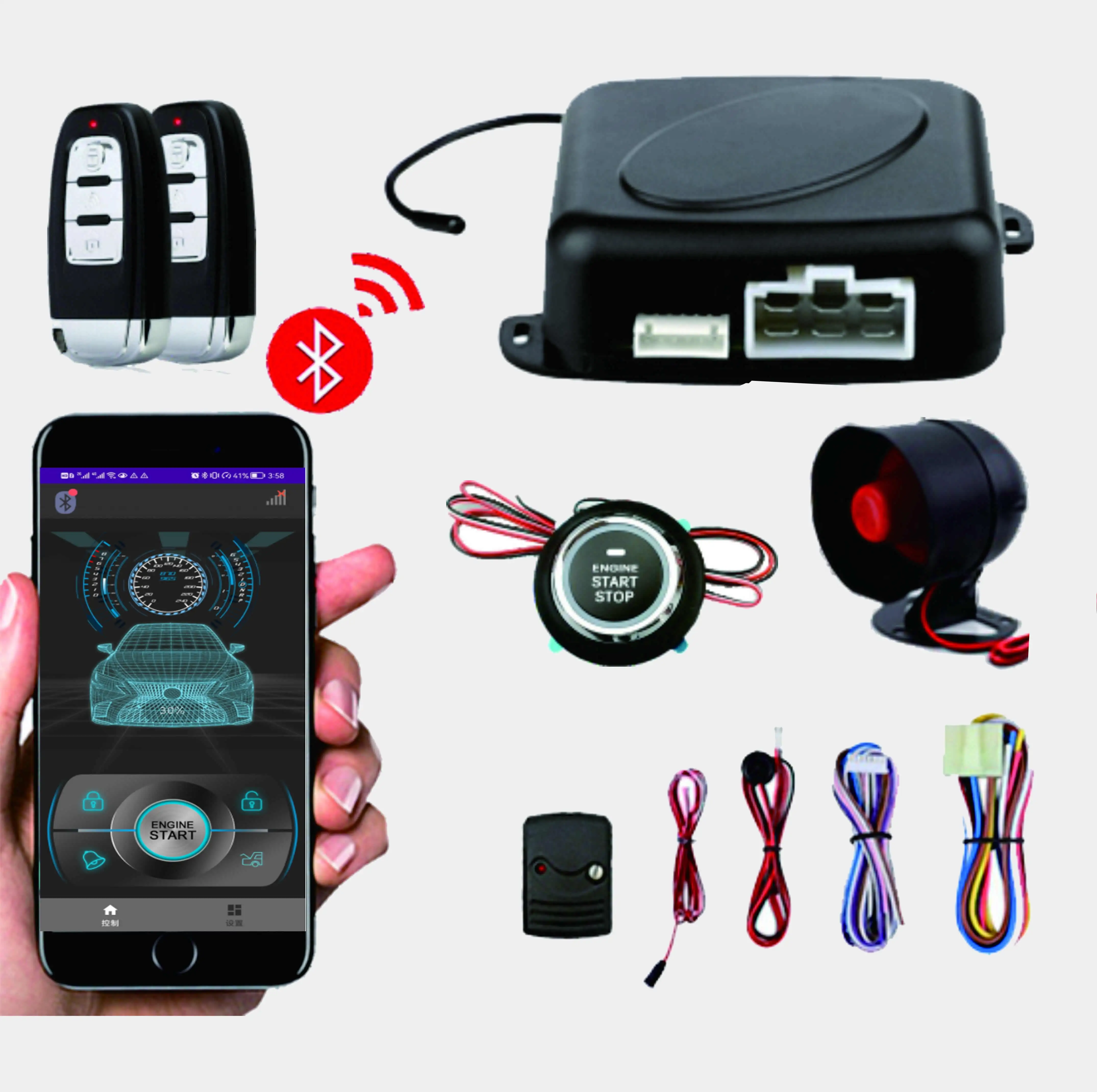 Small phone APP control pke push start car alarm system with remote engine start