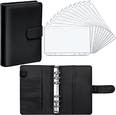 PU Leather Notebook Binder Cover with 6 Pieces Binder Pocket Personal Cash Budget  6 Hole Binder Zipper Folder