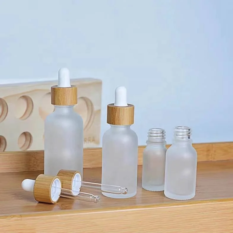 Empty Glass Dropper Bottle With Bamboo Lid Frosted Glass Bottle For Essential Oils Refillable Pipette Bottle