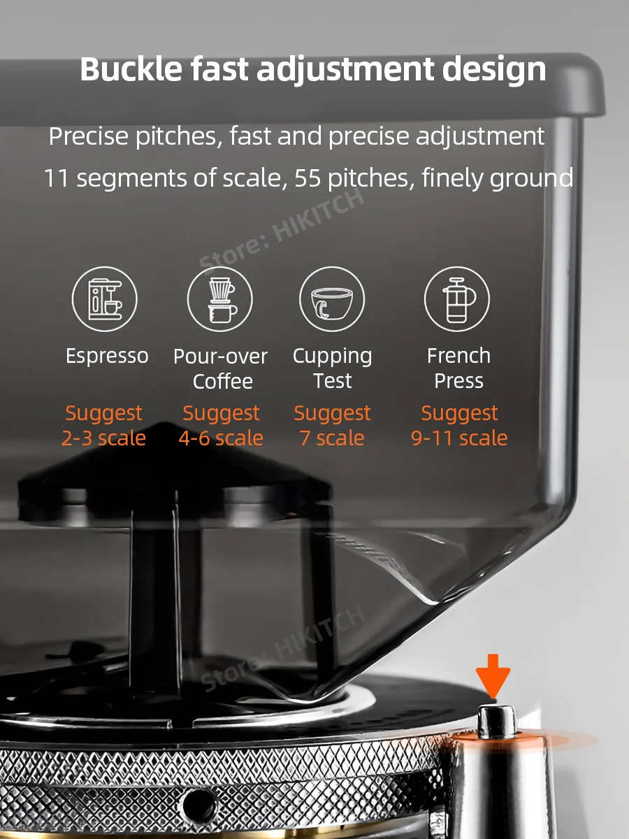 Professional 64mm flat burr coffee grinder CRM9016 with 500g bean hopper and LCD display bean grinding machine commercial use