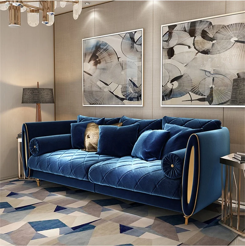 Luxury Fabric Quilted Argyle Sofa Living Room Home Furniture Sets 3-seater Velvet Cushion Couch Metal Mirror Armside