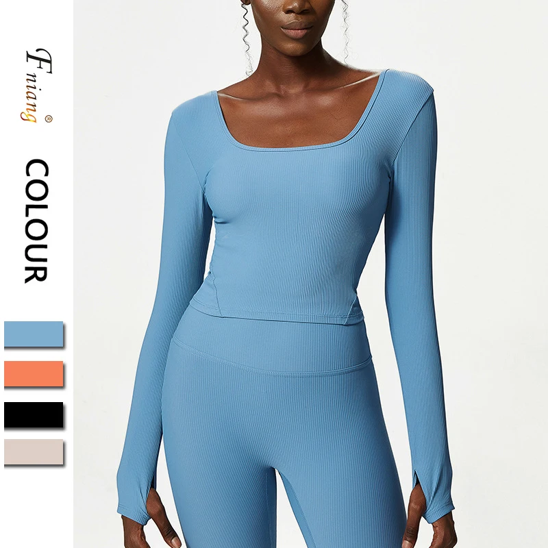 Plus Size Ribbed Moisture Wicking Breathable Sexy Square Neck Long Sleeve Top with Thumb Hole and Pad Soft Stretchy Gym Wear
