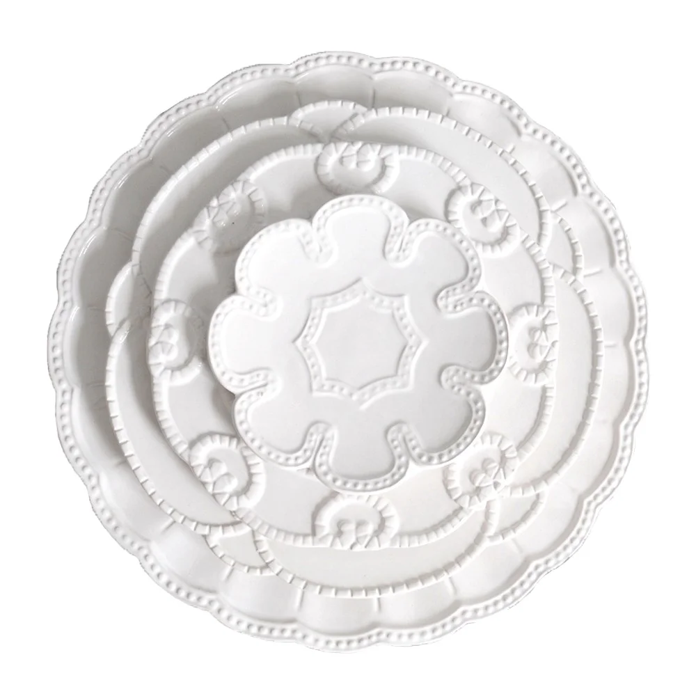 Wholesale white embossed ceramic plate for wedding rental