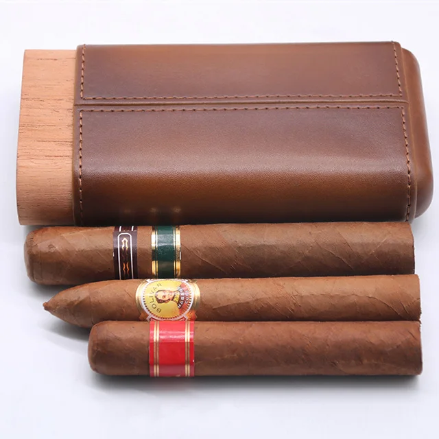 Vietnam Custom Logo 3 Finger Leather Case Wood Cigar Humidor Box For Travel
