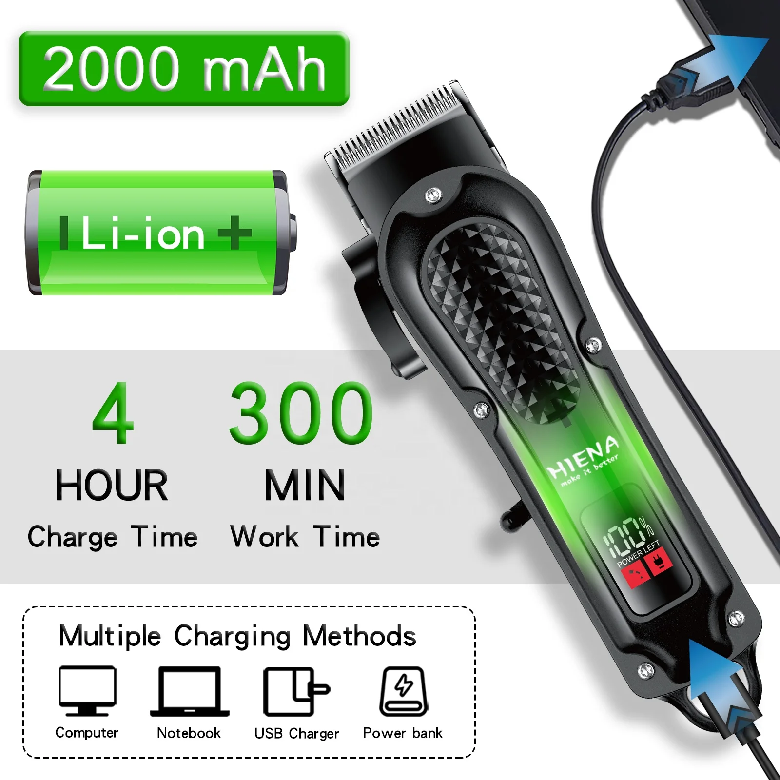HIENA HYN-212 Black New Design Good Quality Professional Hair Clippers Waterproof  Electric Body Rechargeable For Man