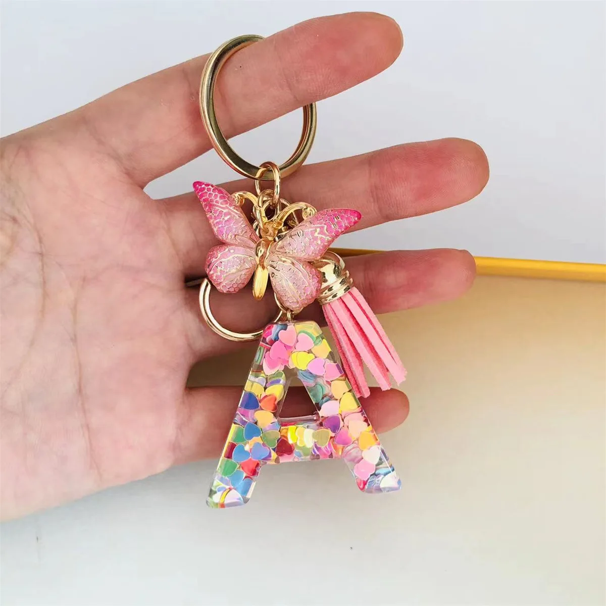 New Arrival Resin Crystal Glue Love Sequins English Letters Keychain With Butterfly Charms