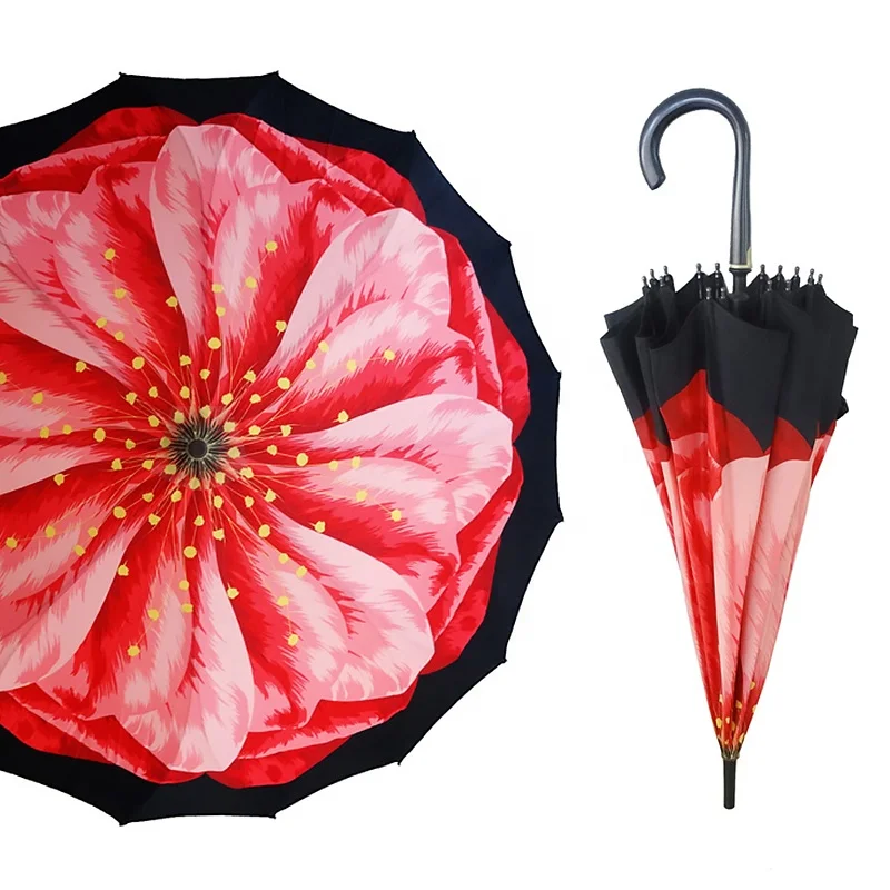 Multi Colors 16K Rib Curved Handle Ladies Girl Women Walking Decorative Rainbow Straight Golf Umbrella with Digital Flower Print