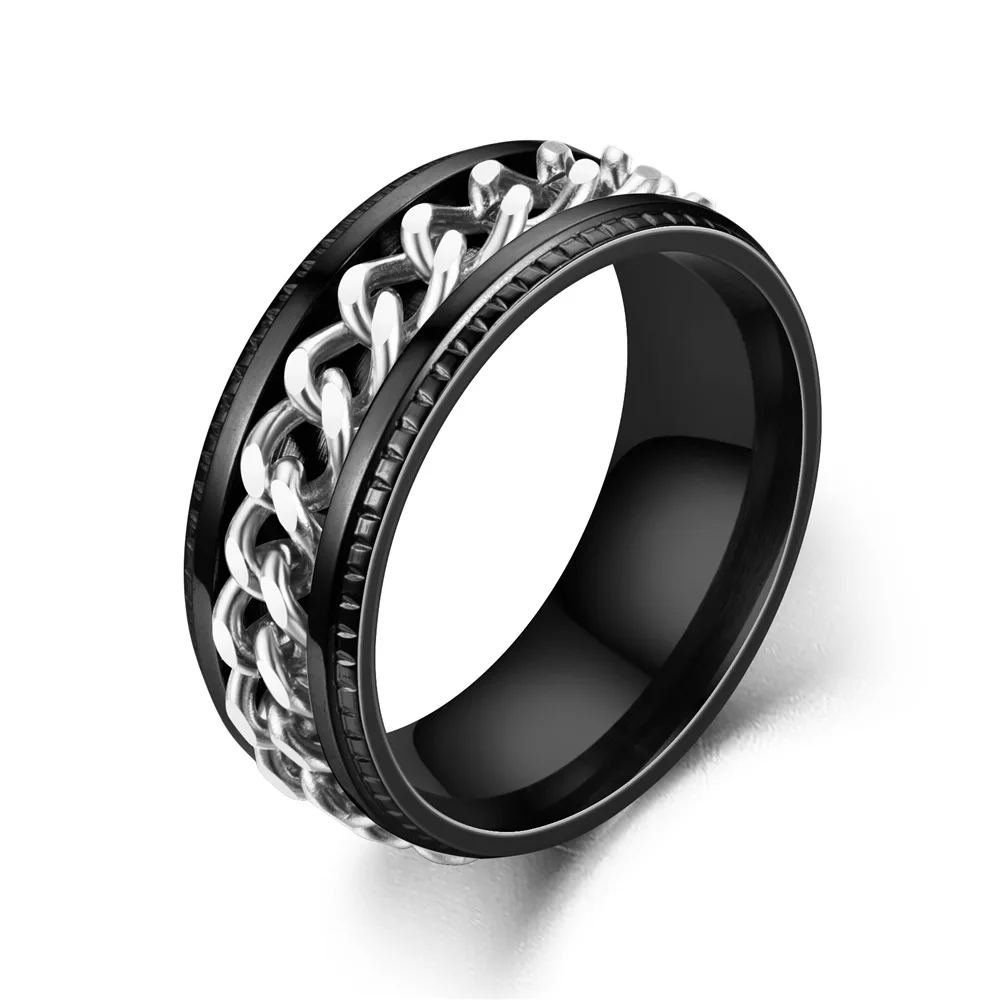 DG Wholesale Hip Hop Anxiety Fidget Men Rings Colorful Titanium Rotating Cuban Chain 8mm Black Couple Ring for Couples Men