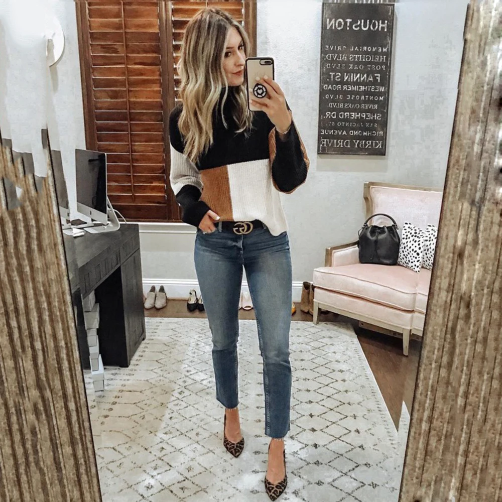 Wholesale Women Winter Sweaters Blocked Colorful Striped Ladies Knitted Sweaters  Loose Oversized Rainbow Sweater