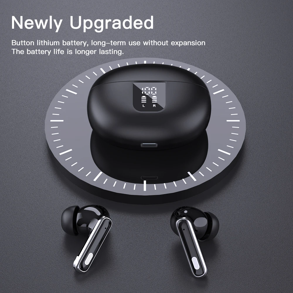 13mm Large Dynamic Wireless Earbuds with Noise Cancelling 4 HD Microphones LED Battery Indicator In-Ear Short Handle Design