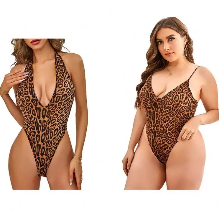 Deep Love Plus Size Bodysuit Sexy Lingerie Women Personalized Bustier Underwear-Sexy Leopard Deep V Teddy Cheetah Print Lingerie