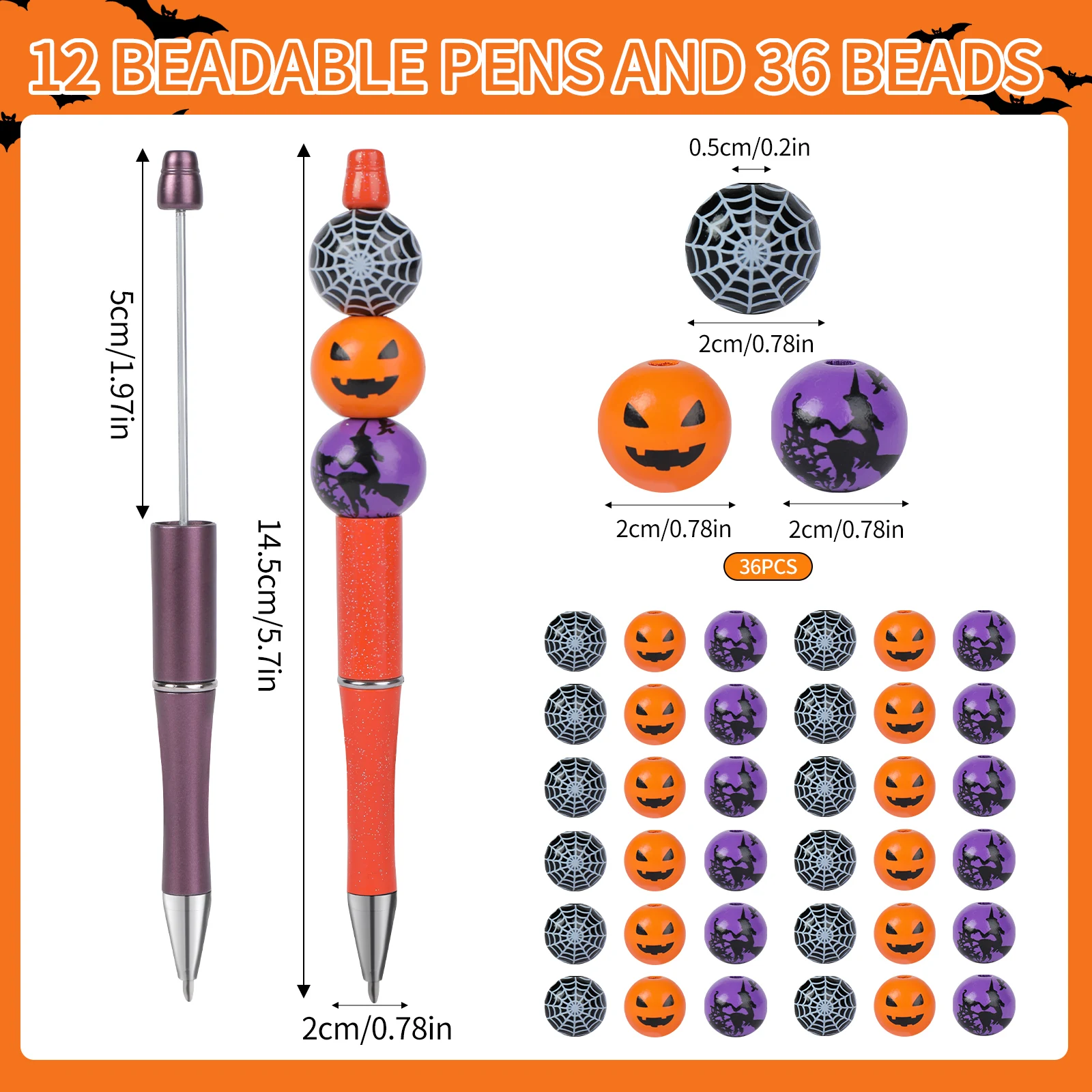 DIY Pumpkin Spider Kawaii Halloween Beadable Pens For Halloween Gifts School Office Supplies Plastic Bead Pens