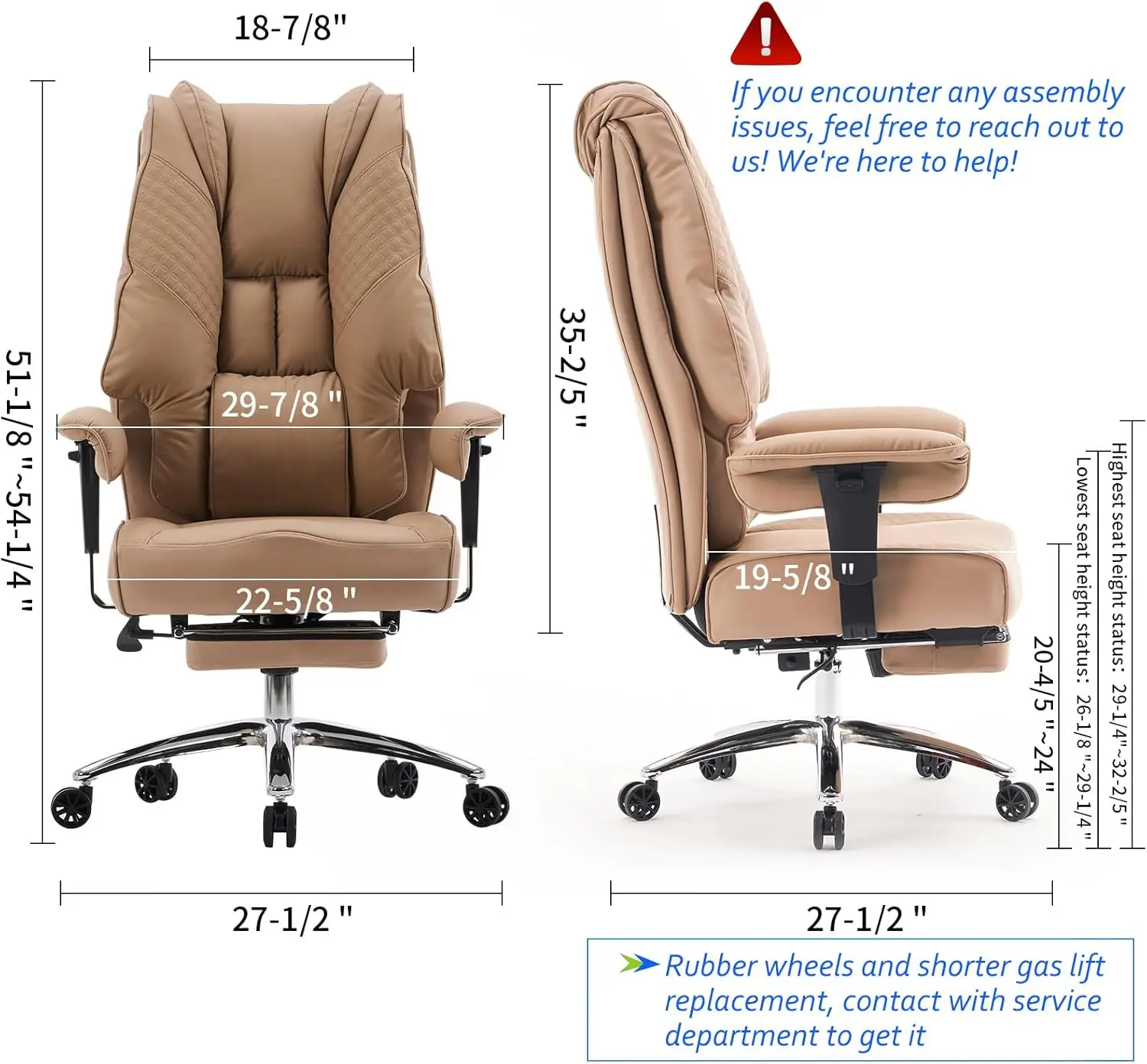 JL Big and Tall Office Chair 400lbs Wide Seat Leather Boss Chaise High Back Black Executive Computer Chair with Foot Rest