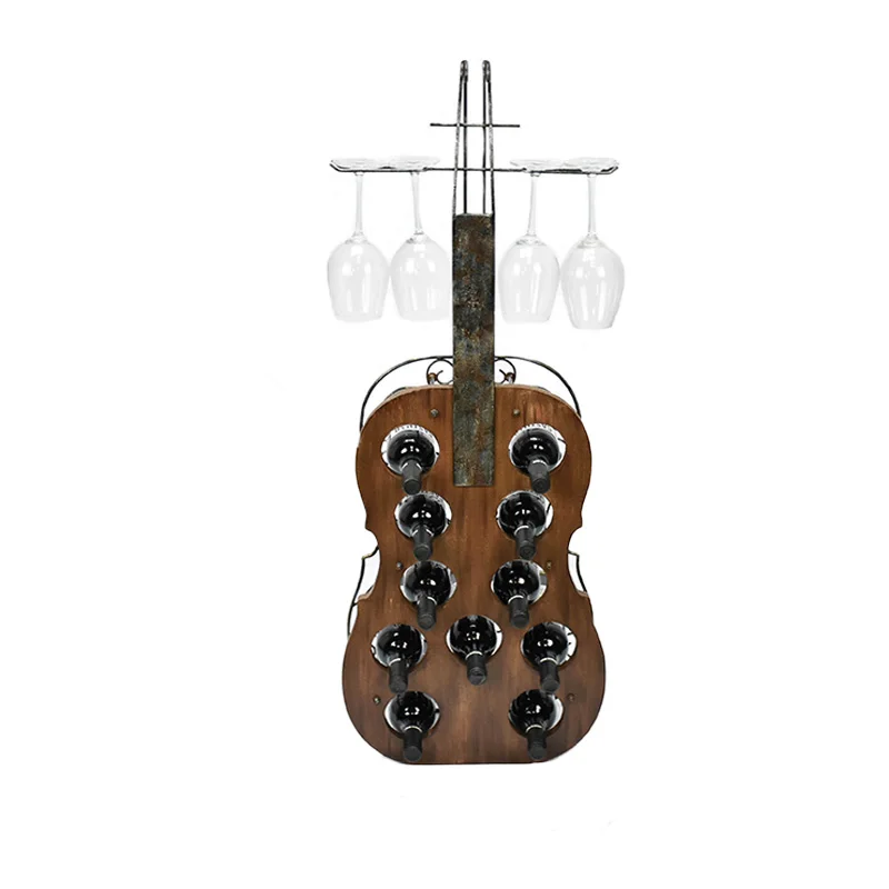 Cello Shape 11 Bottles Decorative Metal Wine Glass Rack Wooden Wine Bottle Holder Wine Display Rack