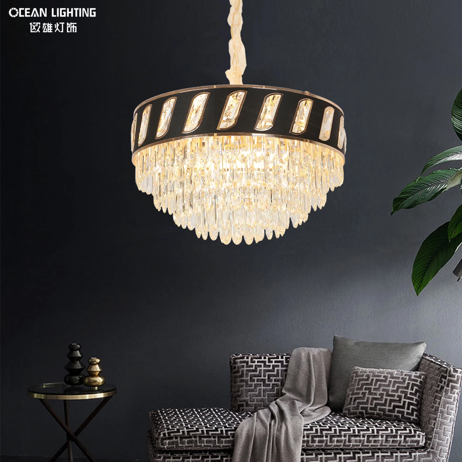 Nordic Hotel Hanging Lamp Lights Iron Round LED Modern Black Decorative Pendant Light Luxury Crystal Chandelier