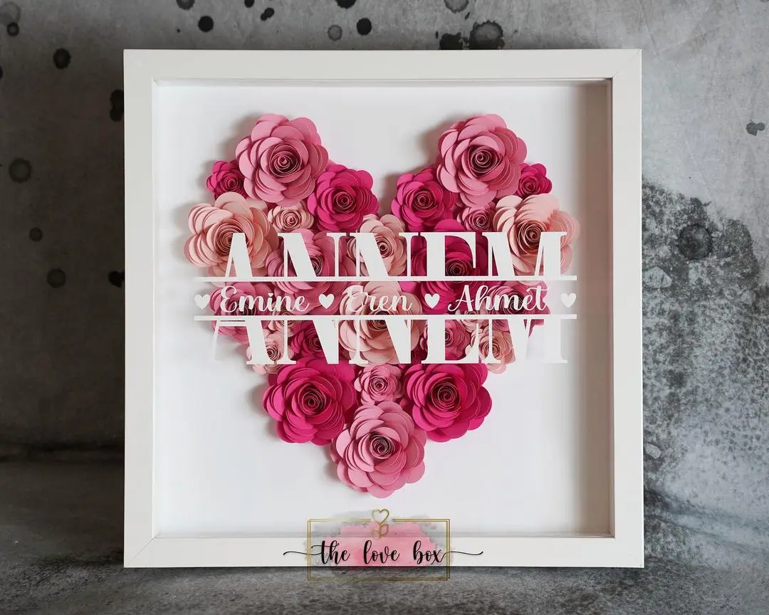 Customized Handmade heart shadow box photo frame with flowers