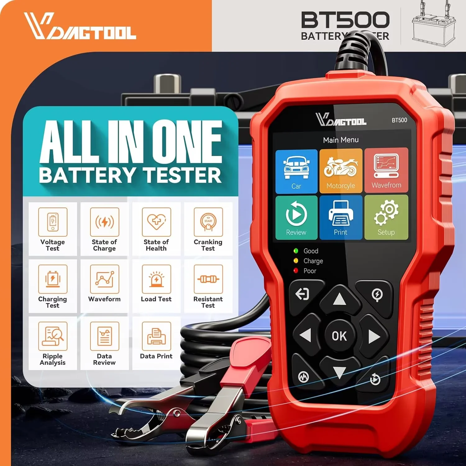 VDIAGTOOL BT500 6 В/12 В/24 В тестер автомобильного аккумулятора 5-3000 CCA автоматический анализатор мото-аккумулятора автомобильные инструменты для проверки зарядки