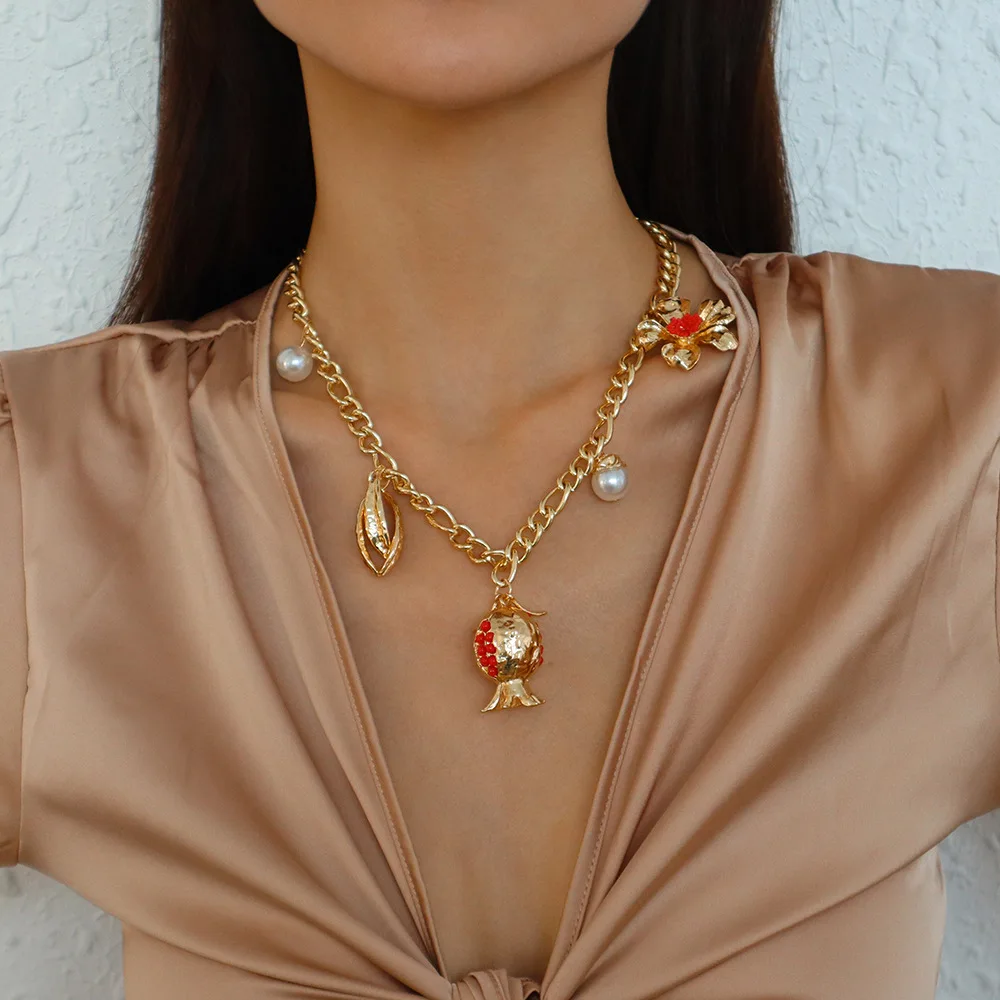 Exaggerated boho style metal leaf flower clavicle chain retro pearl fruit pomegranate necklace female