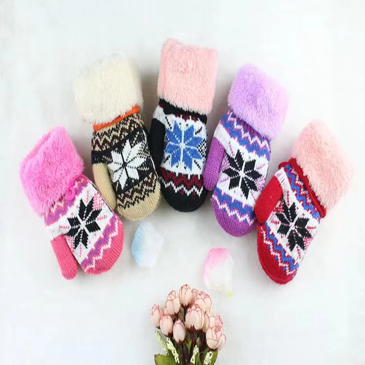 Детские теплые меховые перчатки без пальцев, зимние детские двухслойные жаккардовые вязаные варежки