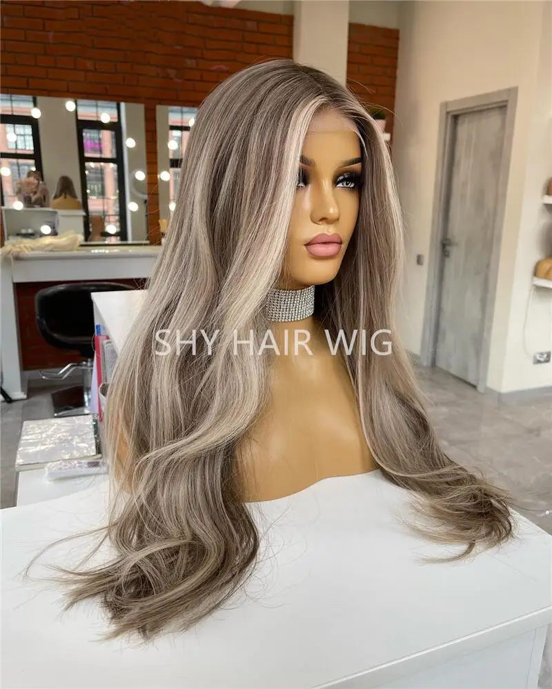 Peluca de pelo humano para mujeres silk base human hair wig hand tied blonde european ash blonde highlights with dark roots wigs