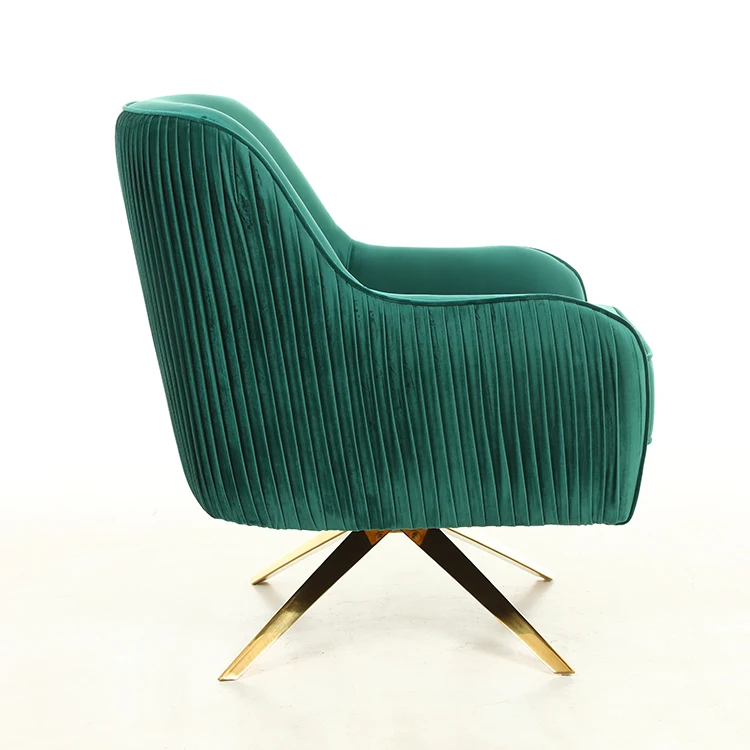 Home Furniture Design Velvet Piping Line Soft Movable Cushion Leisure Accent Sofa Swivel Gold Metal Dining Chair
